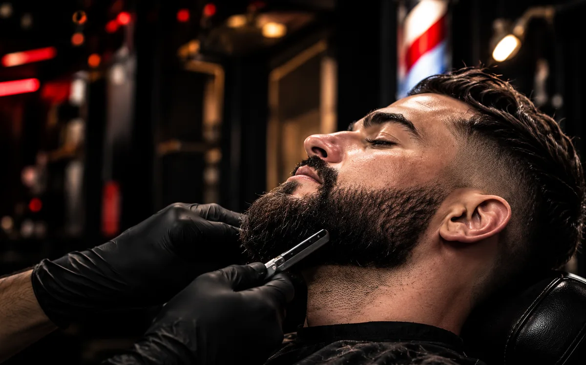 Barbeiro fazendo a barba de um cliente na Barbearia Los Piratas